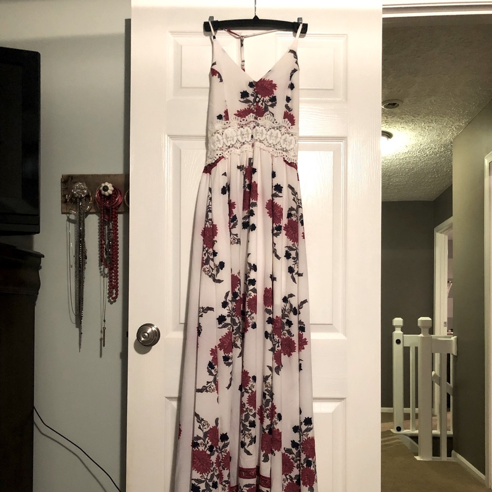 White & Red Floral Maxi Dress